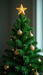 Fototapeta premium Fresh evergreen tree with emerald green needles and a shiny golden star on top, evergreen branches, holiday decoration