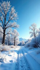 Obraz premium Frozen landscape with bare trees under a clear blue sky, snowflakes, peaceful, bare trees