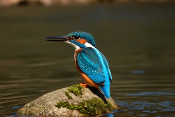 A dazzling azure kingfisher sits on a mossy rock by the riverbank, its electric-blue feathers gleaming under the sun.