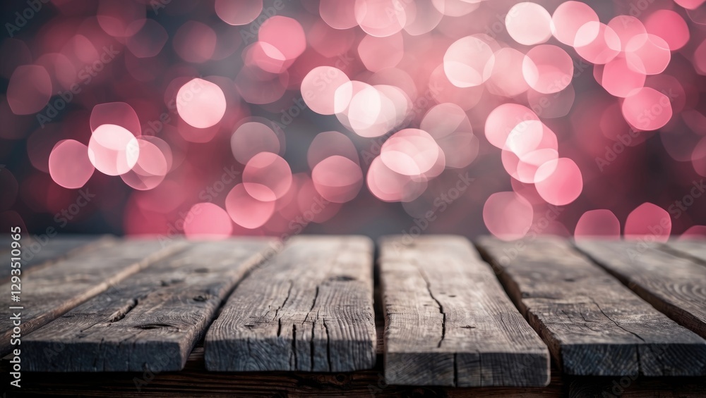 Poster rustic wooden table with a soft pink bokeh background creating an inviting atmosphere for product di
