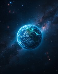 Naklejka premium An isolated glowing planet resembling Earth, surrounded by cosmic dust and shimmering stars, with vivid blues and greens on its surface, set against galaxies and nebulae. Generative AI