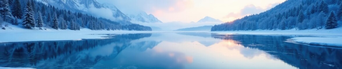 Fototapeta premium Icy pond reflected in the mirror-like surface of a frozen lake, icy landscape, lake, frozen tundra