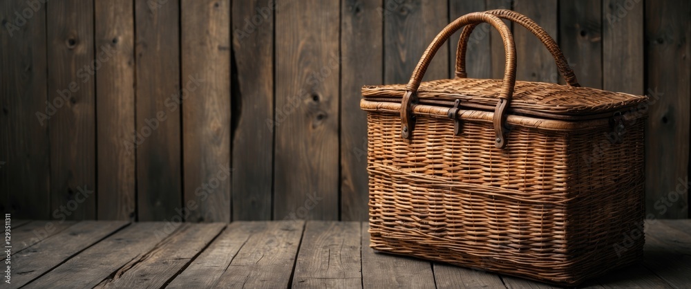 Fototapete wicker picnic basket on rustic wooden table with space for text or logo design