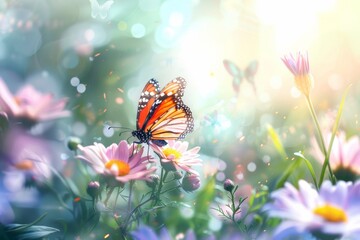 Beautiful butterfly on wild colorful flowers in grass in rays of sunlight, macro. Neural network ai generated