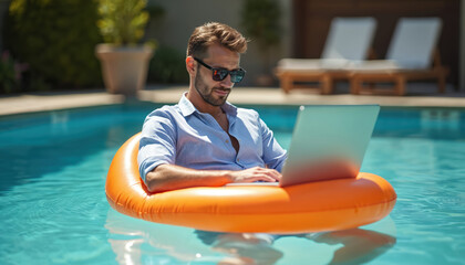 Man works on laptop floating in pool on orange inflatable ring. He wears shirt, sunglasses, enjoys summer vacation remotely, types on computer keyboard. Freelancer smiles in resort during sunny day.
