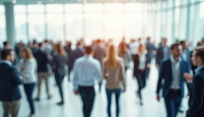 Blurred background of people networking at corporate event. Business meeting and communication concept. Group of pro interacts indoor, have seminar in convention center. Crowd blend, mingle in office.