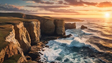 Cliffs at Sunset, Ocean Waves in a Rugged Landscape