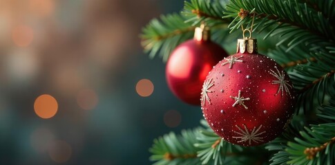 Fototapeta premium Sparkling red and silver Christmas balls on fir branch, red, sparkle, ornament