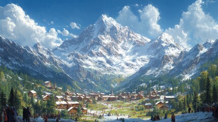 Fototapeta premium Alpine village nestled in a snowy valley, sunny day