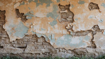 Weathered house wall with peeling paint revealing stone texture and natural wear showcasing architectural history and vintage appeal.