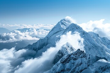 Snowy mountain peaks with blue sky. Neural network ai generated