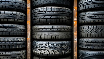Stacked tires displayed vertically showcasing various tread patterns and textures in a storage environment for automotive use.
