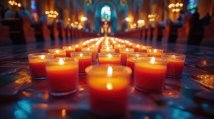 Many lit candles in a church aisle
