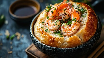 Delicious Grilled Shrimp Rice Bowl Sesame Bread Appetizer Gourmet Food Asian Cuisine Restaurant Dish Seafood Dinner Meal Culinary Photography art menu