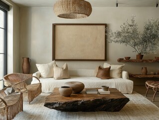 A living room with a large white couch and a coffee table. There are two vases on the coffee table