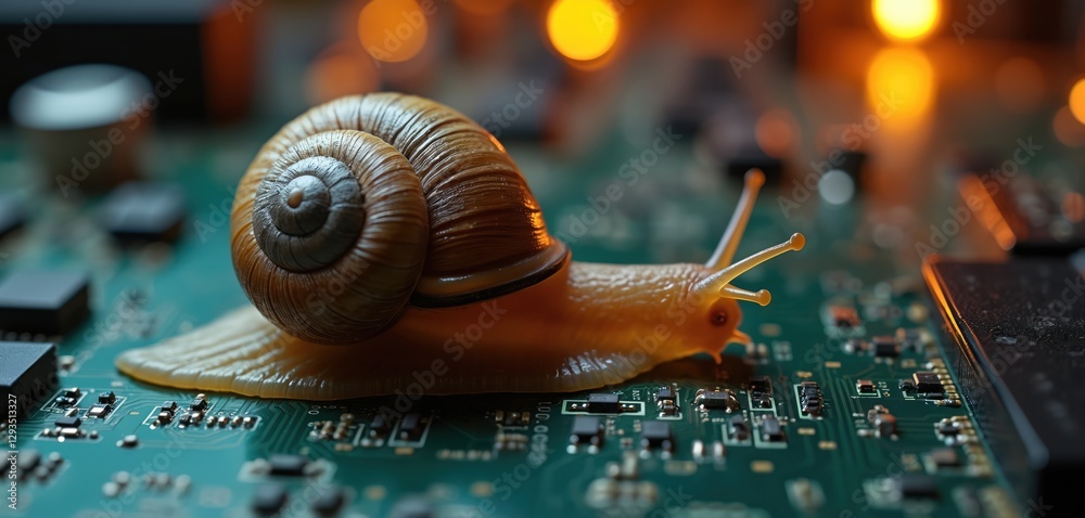 Poster snail crawls on green motherboard surface. concept of slow internet, data processing, low bandwidth.