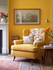 Fototapeta premium Bright Yellow Wall With Pictures and a Yellow Armchair