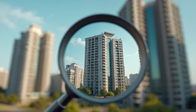 Magnifying glass zooms in on residential building, exploring housing market, property investment, real estate search, mortgage options. Concept for finding new home, apartment to buy, rent in city