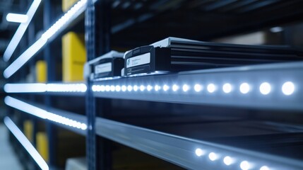 Led strip lights illuminating shelves containing data storage units in a modern warehouse, representing the concept of iot and data management in a connected environment