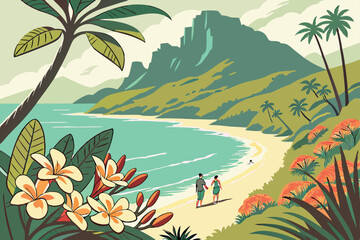 82 Tropical paradise, miniature couple holding hands, tilt-shift photography, vibrant flowers in foreground, turquoise bay, lush green mountains, palm trees, sandy beach, crystal clear water, sunny da
