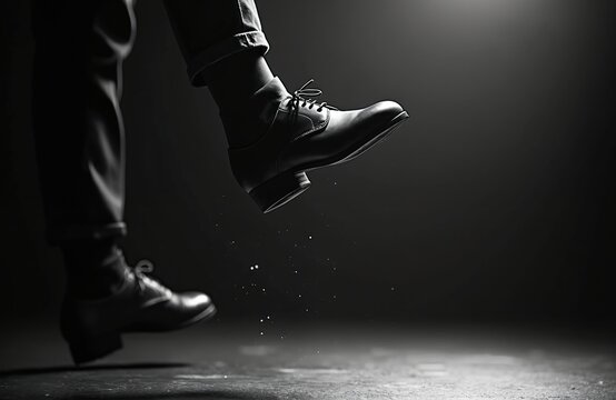 Close-up shot of tap dancer foot in action. Leg wears black leather shoe. Dancing footwear detail shot in dark, stage environment. Intricate footwork for dance performance.