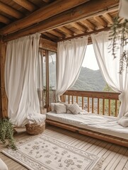 An outdoor balcony scene shows a calming interior decor setup