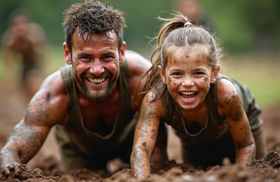 Smiling father, daughter covered in mud crawl determinedly during mud run challenge. Faces show fierce joy, thrill. Active family fitness, sport adventure. Dirty fun, happy childhood, recreation