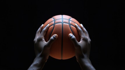 Hands gripping basketball against dark background, showcasing fo