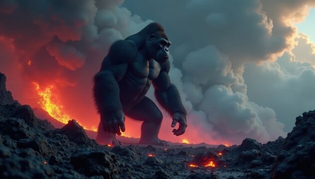 Volcanic ash clouds gather behind the monstrous gorilla, lava flows, ash fall
