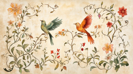 An ornate illuminated manuscript-style border birds intricate medieval botanical floral vines parchment background cottagecore rich colors, delicate fairy-tale motifs elegant calligraphy copy space	