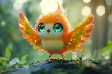 Fototapeta premium a bright cute bird with spread wings and green eyes is singing