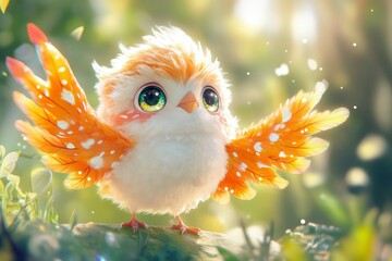 Obraz premium a bright cute bird with spread wings and green eyes is singing