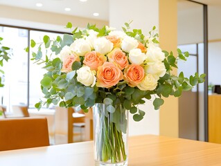 A vibrant bouquet of roses and eucalyptus in a modern indoor setting with soft lighting