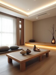 A tranquil minimalist room with aesthetic lighting and low furniture