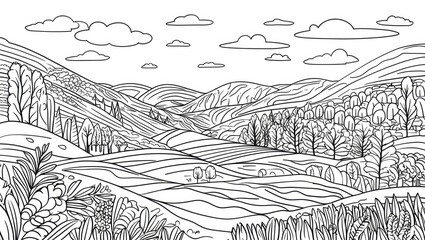 Fototapeta premium Black White Outline Landscape. Hills Trees Clouds Coloring Page for Nature Enthusiasts