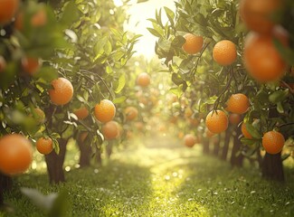 A vibrant orange grove with lush green grass, full of ripe oranges hanging from the branches. The background is blurred to emphasize the foreground