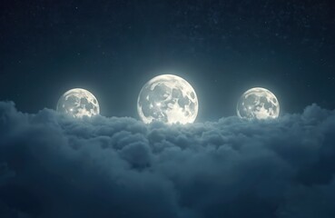 Fototapeta premium Surreal night sky with three moons over enveloping clouds, illuminated by moonlight. Dreamlike cosmic scene. Ethereal nature, magic, mystery. Spiritual lunar landscape. Sky, space, night. Fantasy,