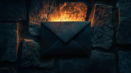 Dark envelope on stone wall illuminated from behind with warm glowing light. Mystery and secrecy concept