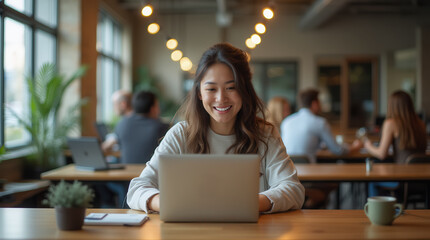 Entrepreneur asian woman in a coworking space, surrounded by other professionals in a modern and collaborative work environment.