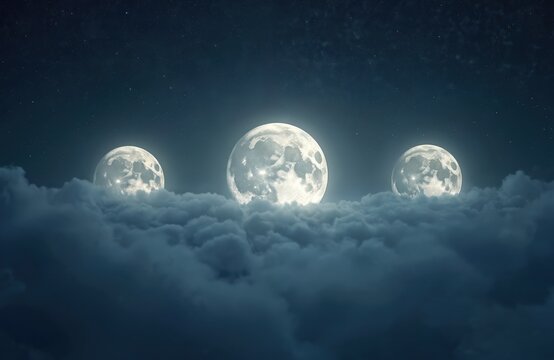 Surreal night sky with three moons over enveloping clouds, illuminated by moonlight. Dreamlike cosmic scene. Ethereal nature, magic, mystery. Spiritual lunar landscape. Sky, space, night. Fantasy,