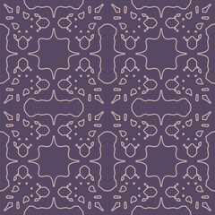 Repeating ornate pattern. Dark purple background. Light pink outlines. Symmetrical design. Intricate details. Vintage aesthetic. Decorative art. Textile design. Seamless arabic pattern. Modern style. 