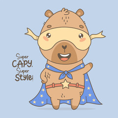 Capybara Superhero in mask and star cloak. Funny cartoon kawaii character animal. Vector illustration. Cool card with slogan. Kids collection