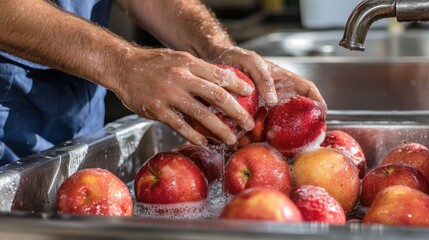 Close-Up of Hands Washing Fresh Red Apples in a Kitchen Sink with Soap Bubbles, Highlighting Cleanliness and Preparation for Cooking or Eating