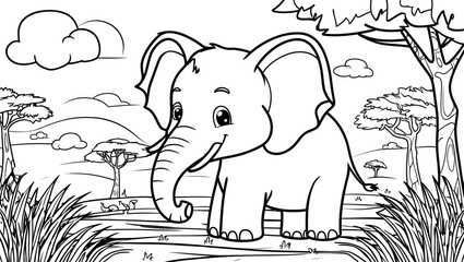 Cute Elephant Coloring Page. Playful Outline in African Savannah, perfect for children coloring fun.