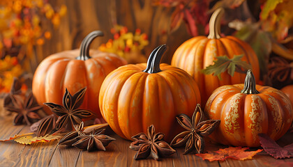 decorative pumpkins arranged with fall spices and leaves