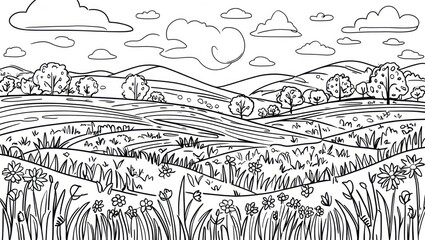 Fototapeta premium Black White Countryside Landscape Sketch. Fields, Hills, Flowers, Trees, Clouds