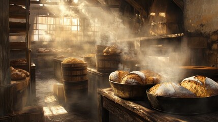 Cozy and Rustic Bakery Interior with Freshly Baked Bread on Wooden Tables Surrounded by Warm Light and Steam Rising Through the Air