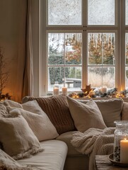 Fototapeta premium Cozy Winter Room with A Winter View and Lighting