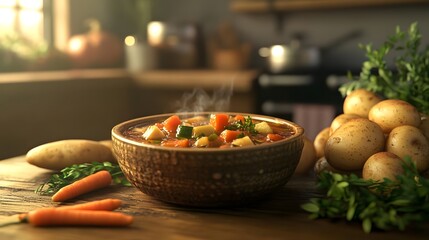 A steaming bowl of vegetable soup on a wooden table with fresh vegetables and a cozy kitchen background