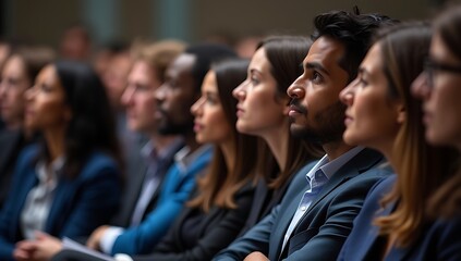 Business Conference Audience in Professional Attire, Actively Engaged and Concentrated on Speaker